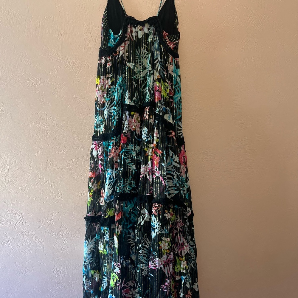ROCOCO SAND Moonlight Floral Metallic Maxi Tiered Dress Sz small.